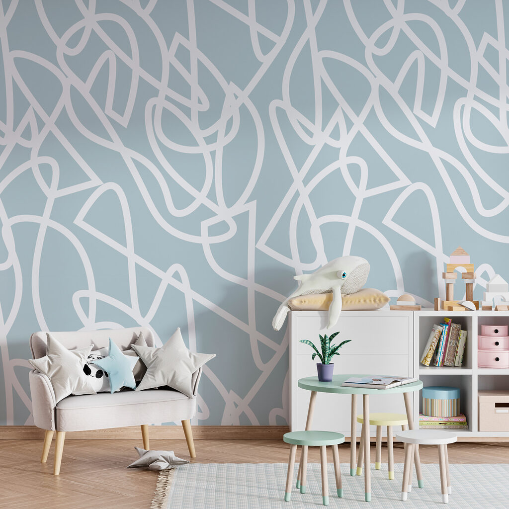 Witte lijnen op een blauwe achtergrond in een interieur