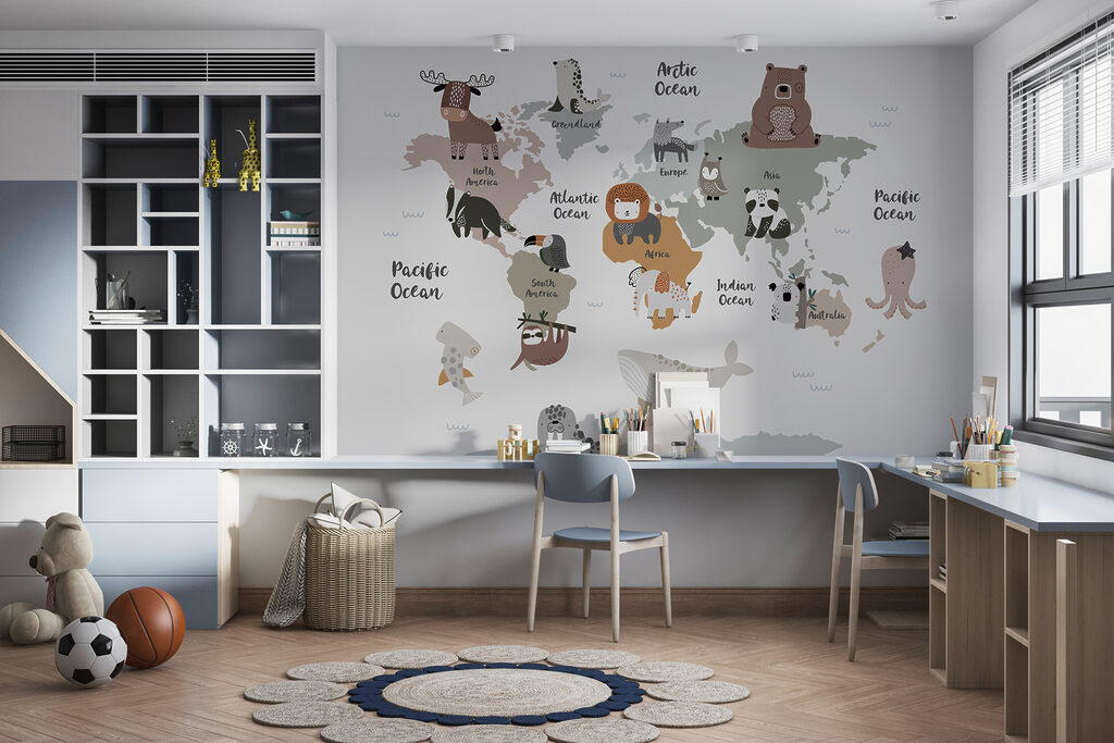 Dieren op grijze wereldkaart — interieur 2