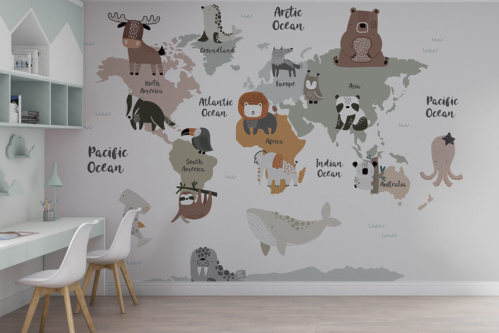 Dieren op grijze wereldkaart — interieur 3