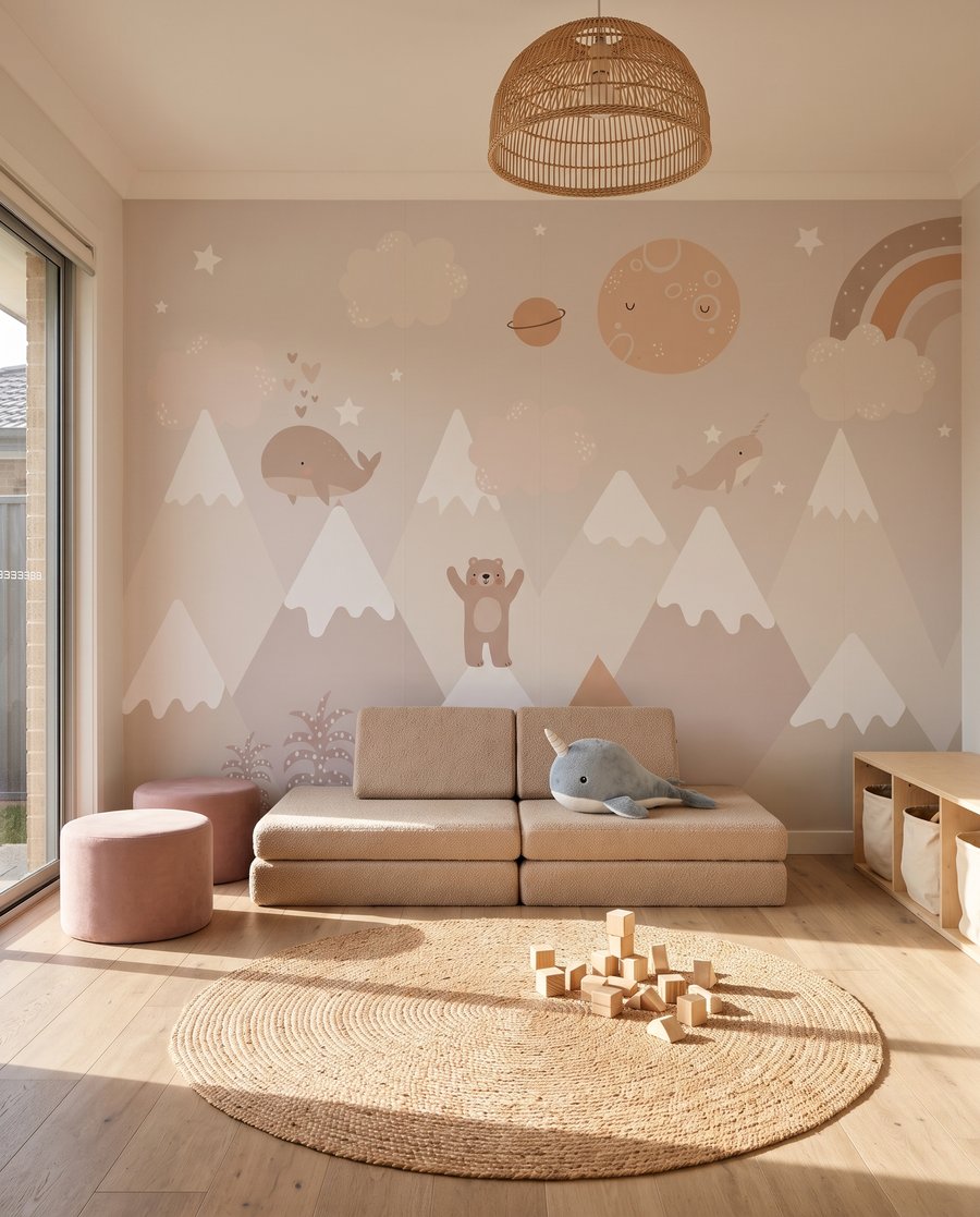 Walvissen tussen zachte bergen in een interieur