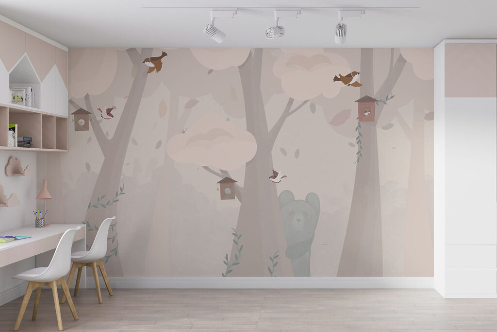 Vogeltjes tussen pastelkleurige boomstammen — interieur 1