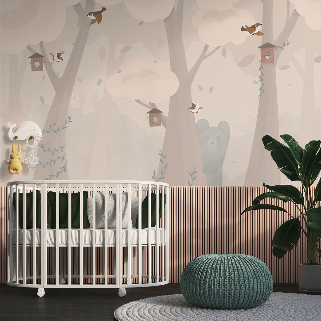 Vogeltjes tussen pastelkleurige boomstammen — interieur 2
