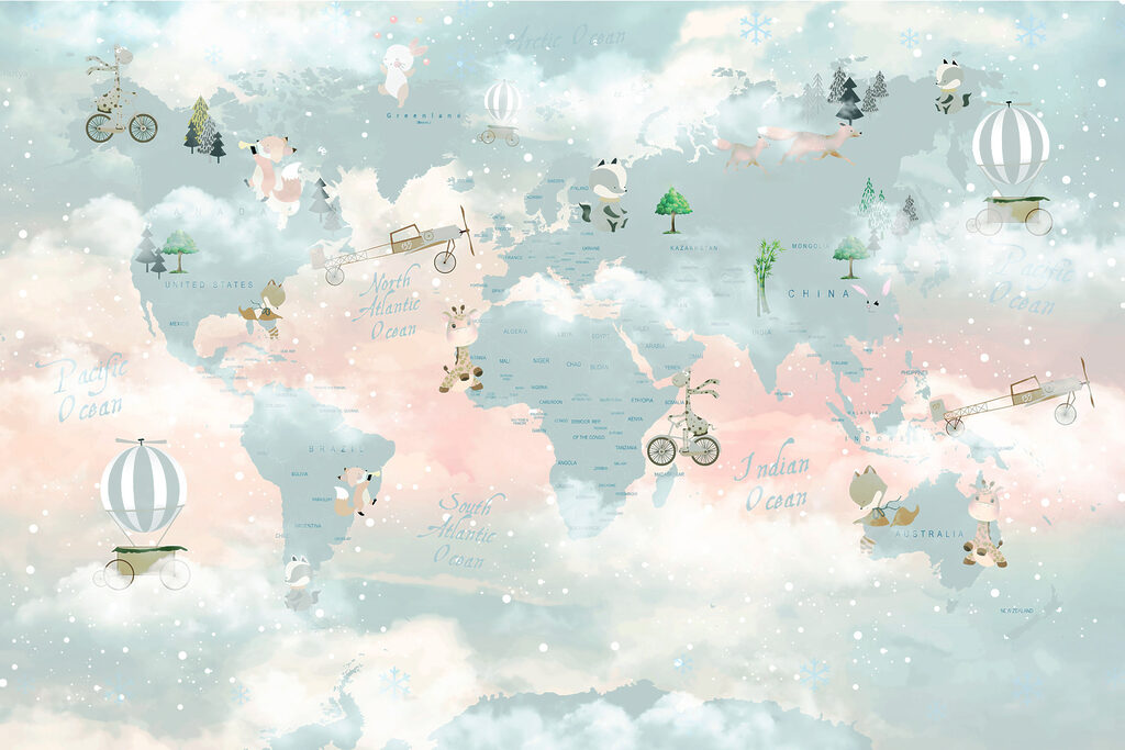 Wereldkaart tussen wolken — volledig ontwerp