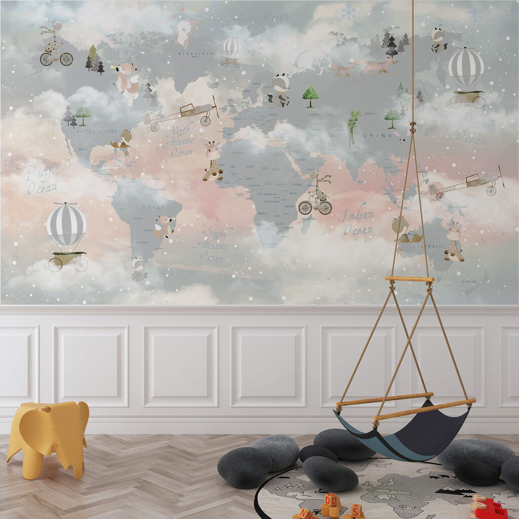Wereldkaart tussen wolken — interieur 1