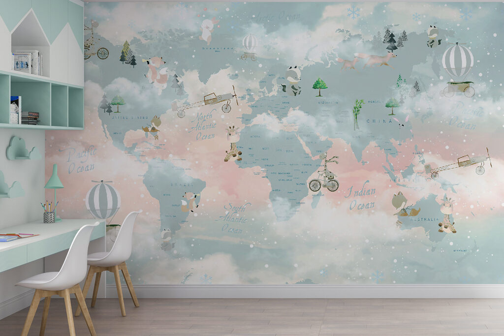 Wereldkaart tussen wolken — interieur 2