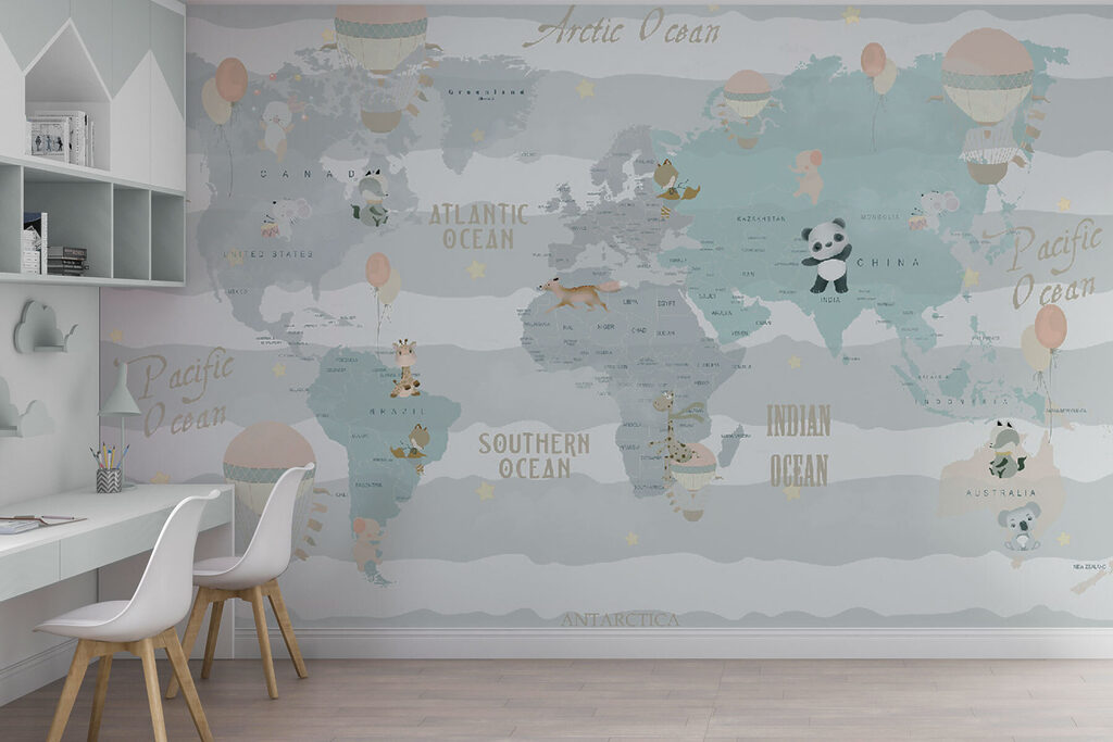 Wereldkaart op golvende pastelbanen — interieur 1