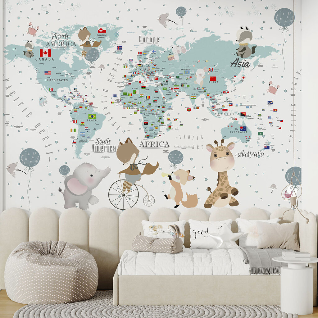 Een wereldkaart met dieren in een interieur