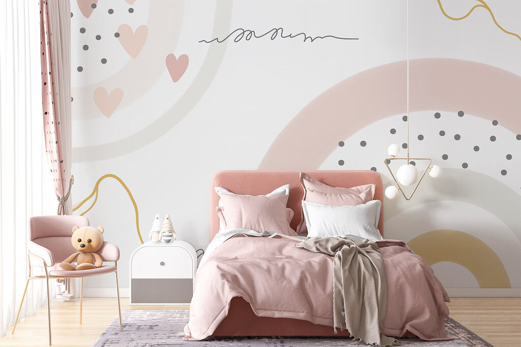 Een witte achtergrond met roze en grijze cirkels en stippen in een interieur