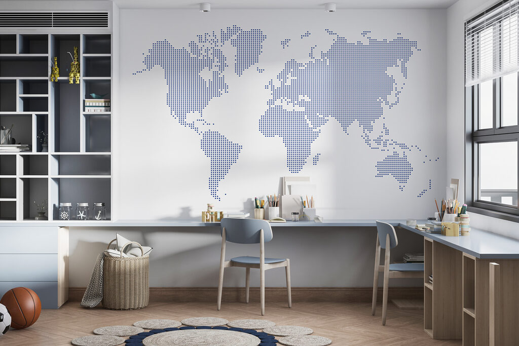 Wereldkaart in blauwe stippen — interieur 2
