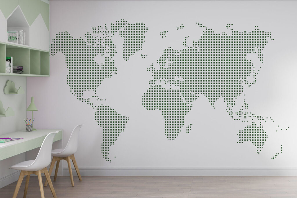 Wereldkaart uit kleine stippen — interieur 3