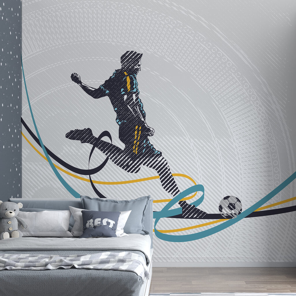 Een man die een voetbal trapt in een interieur