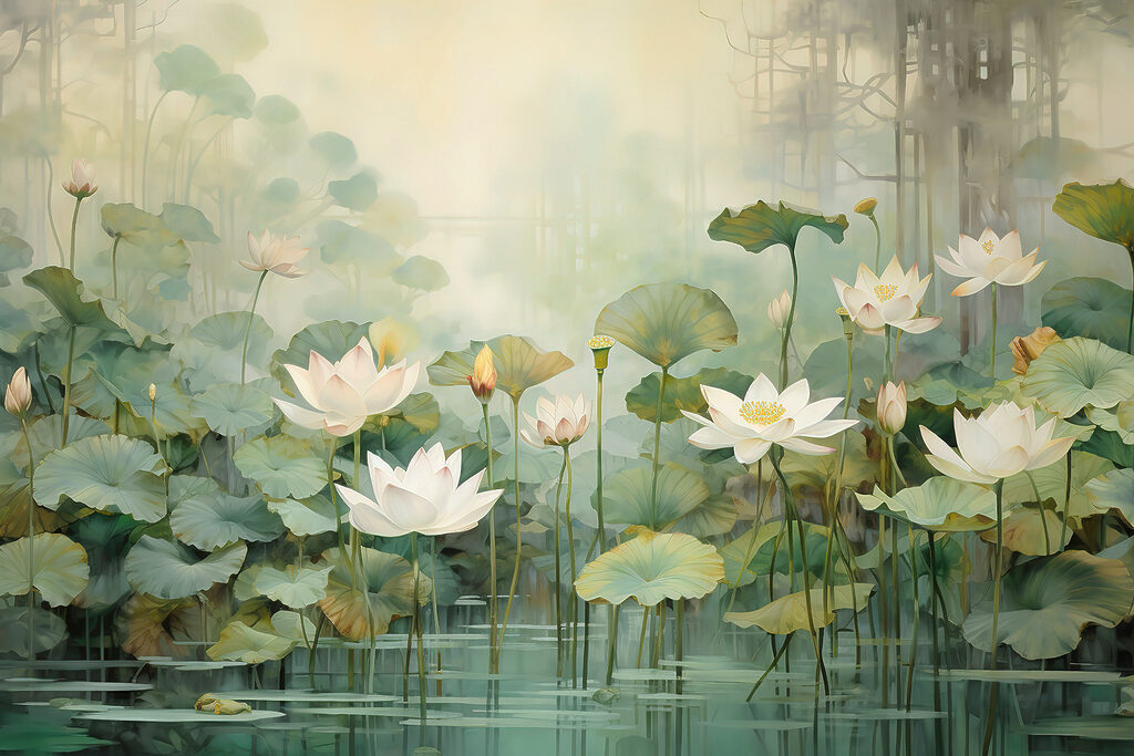 Lotusbloemen in ochtendnevel — volledig ontwerp