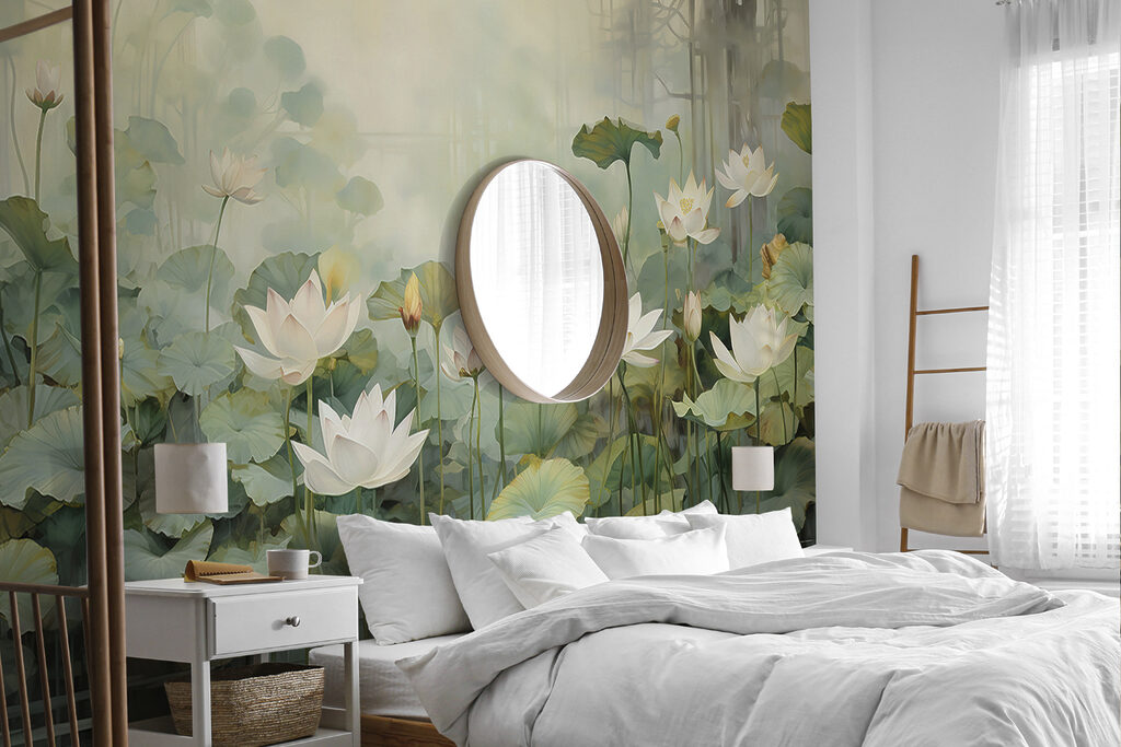 Witte bloemen en groene bladeren in een vijver in een interieur