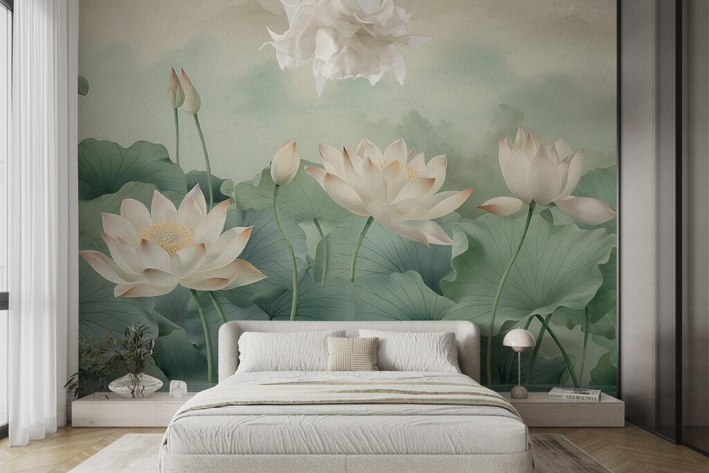 Roomwitte lotussen boven bladgroen — interieur 1