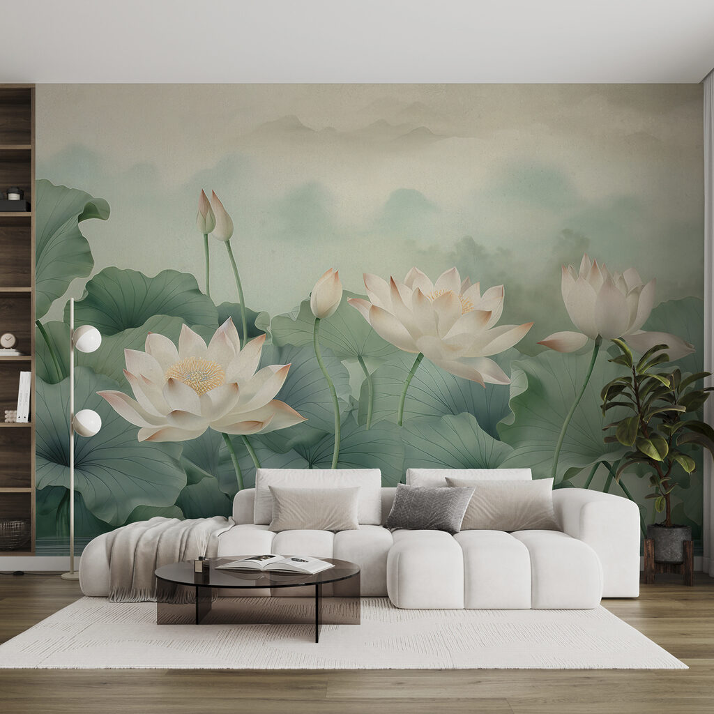 Roomwitte lotussen boven bladgroen — interieur 2