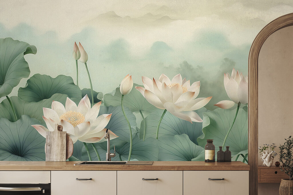 Roomwitte lotussen boven bladgroen — interieur 3