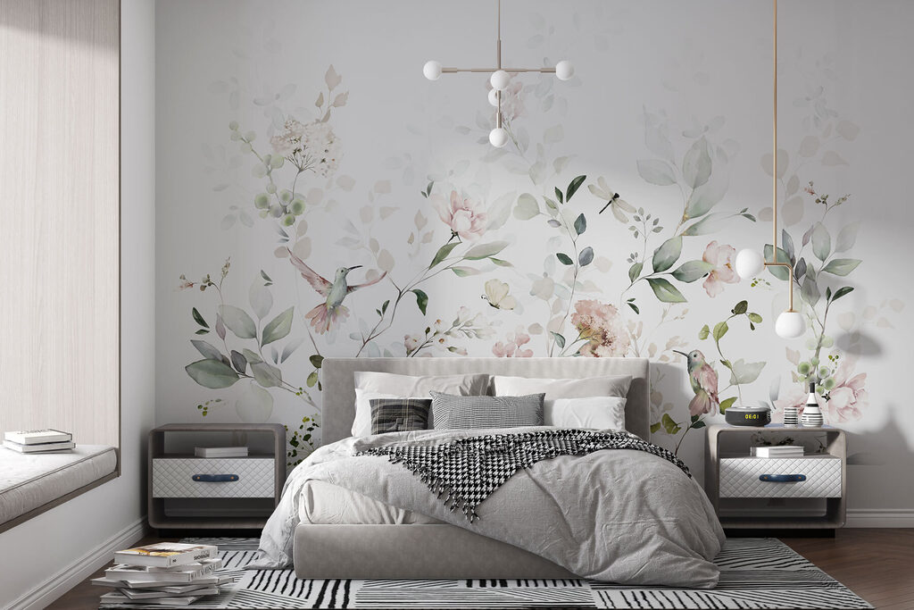 Bloementakjes in bleke rozetinten — interieur 1