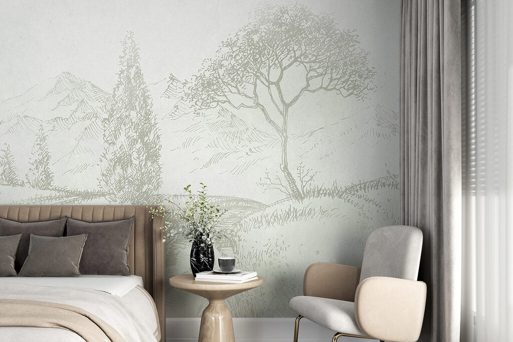 Een tekening van een landschap in een interieur