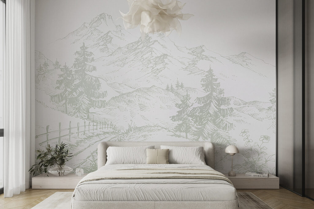 Een tekening van een weg en bomen in een interieur