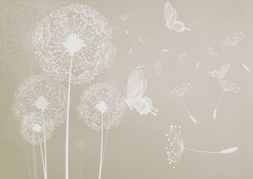 Vlinders rond witte pluisbollen — volledig ontwerp