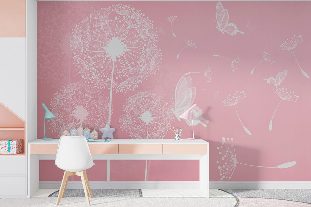 Een roze achtergrond met witte paardenbloemen en vlinders — interieur 1