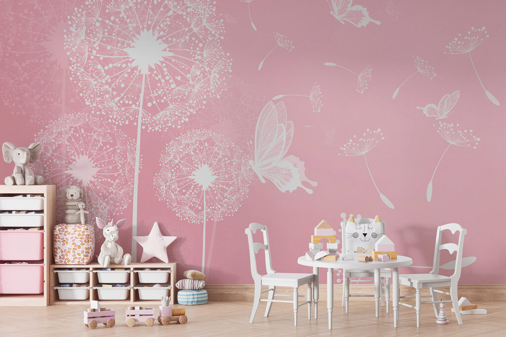 Een roze achtergrond met witte paardenbloemen en vlinders — interieur 2