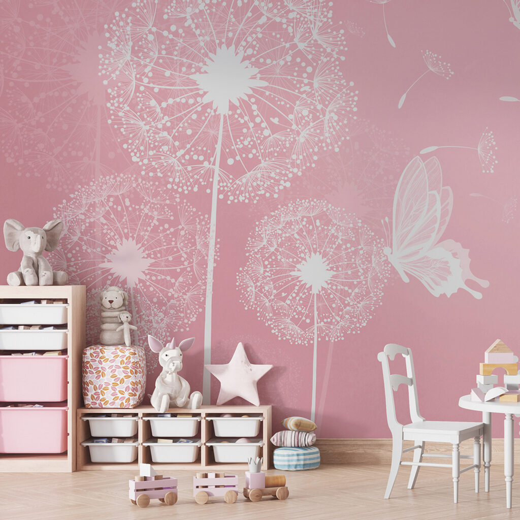Een roze achtergrond met witte paardenbloemen en vlinders — interieur 3