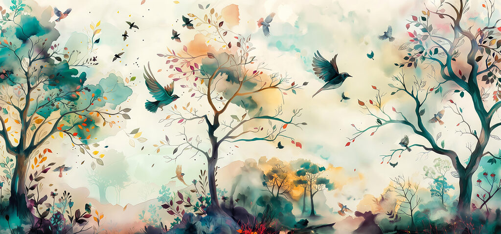 Vogels in een aquarelbos — volledig ontwerp