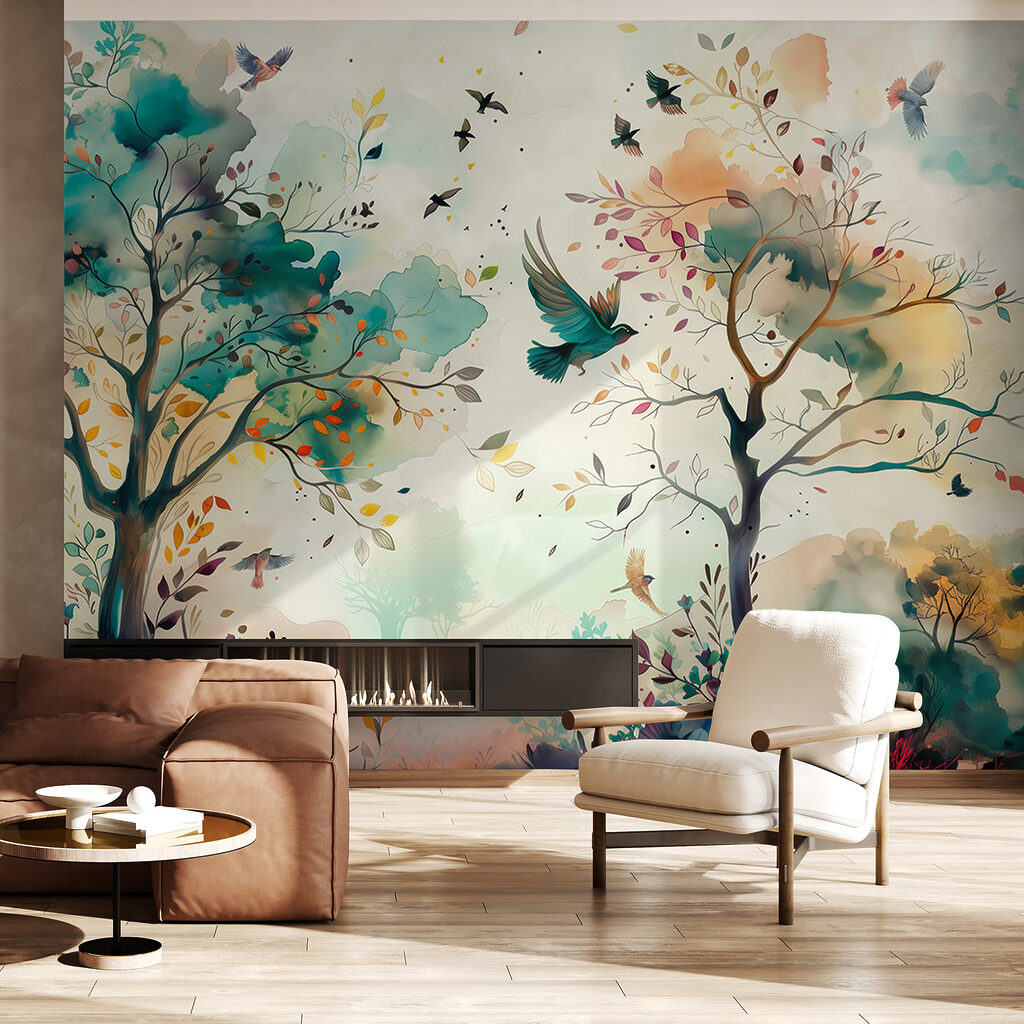 Een schilderij van vliegende vogels in een interieur