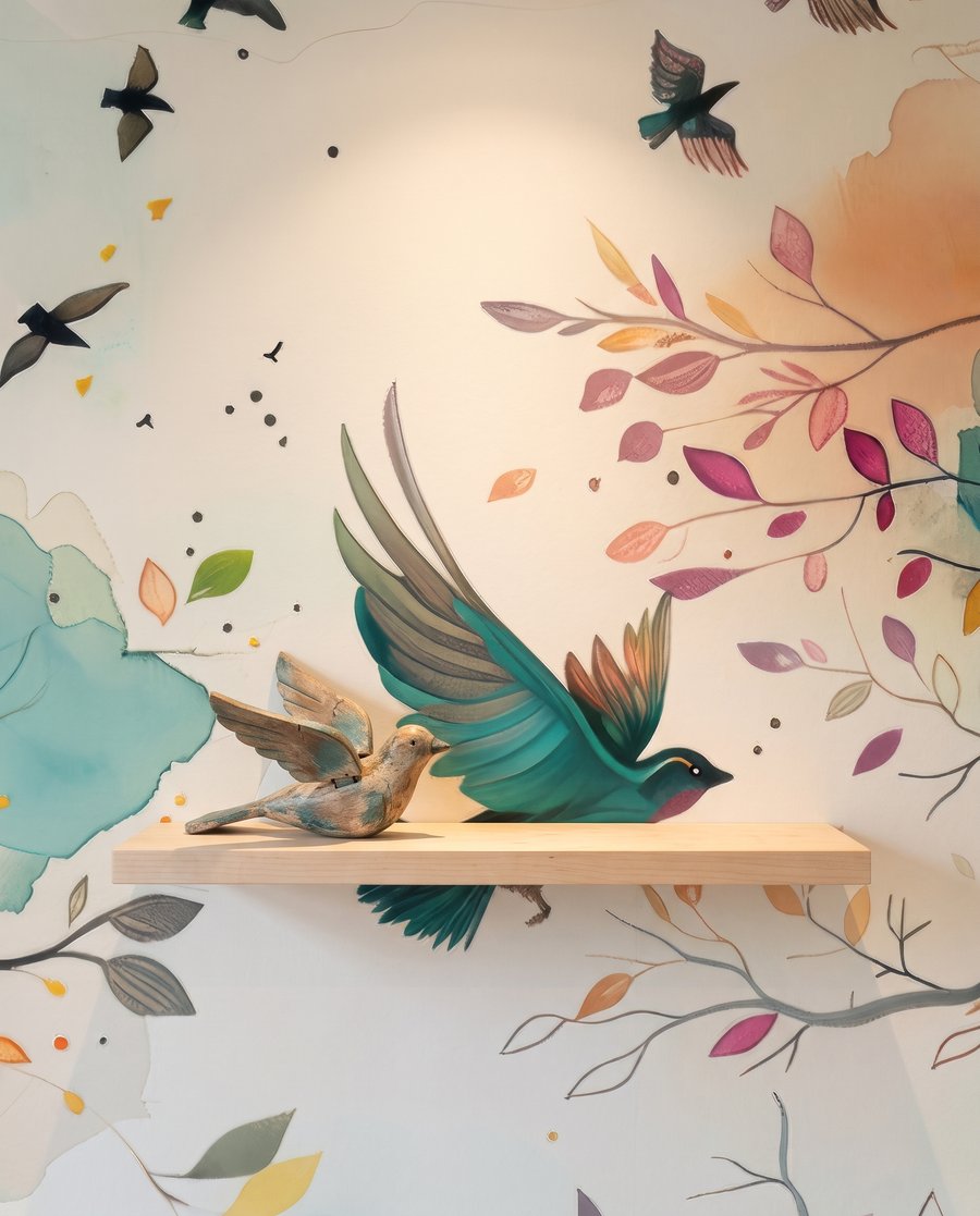 Vogels in een aquarelbos in een interieur