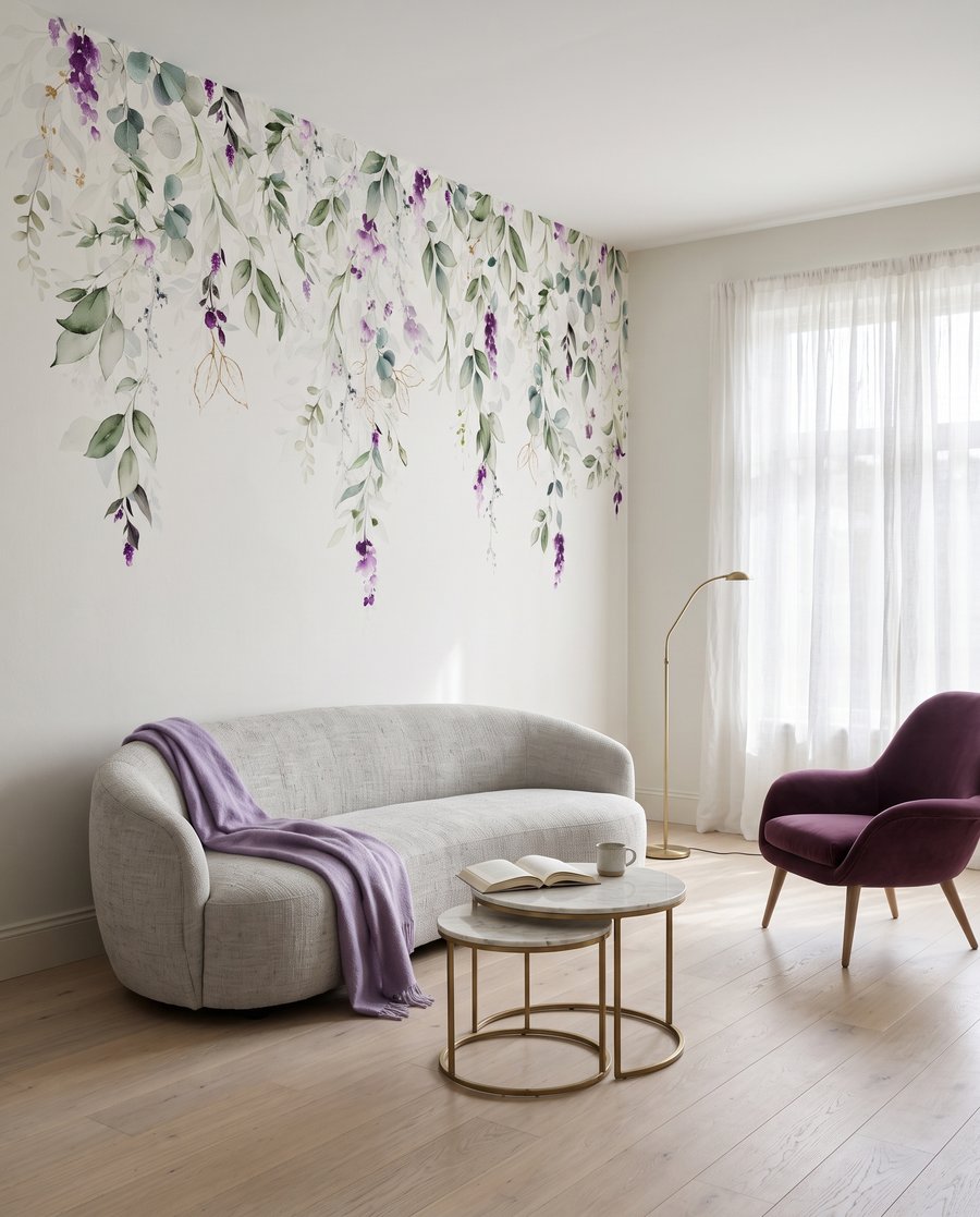 Paarse bloempjes langs takken in een interieur