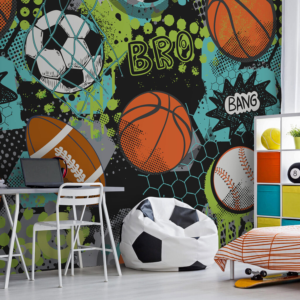 Een patroon van sportballen in een interieur