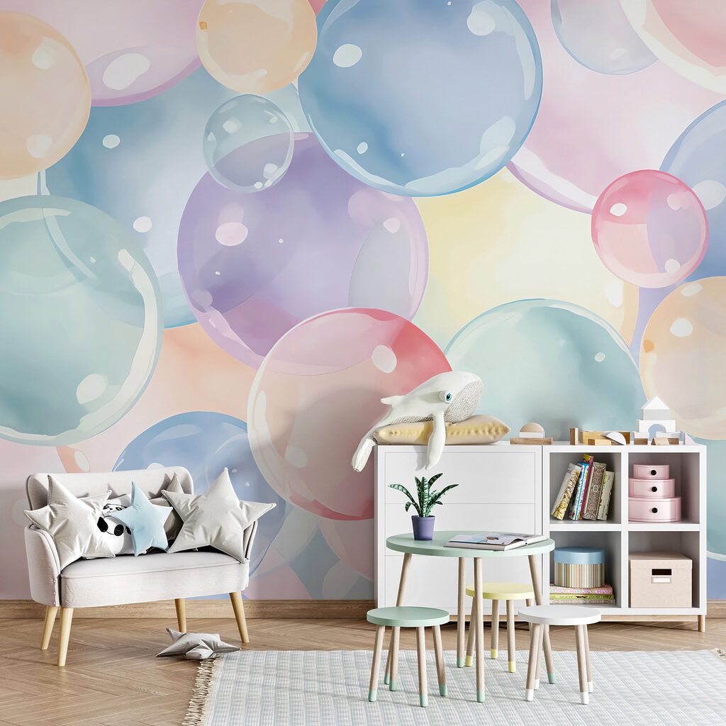 Een groep kleurrijke bubbels in een interieur