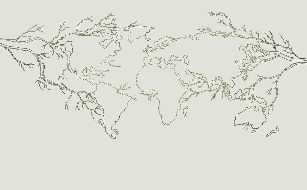 Wereldkaart tussen boomtakken — volledig ontwerp
