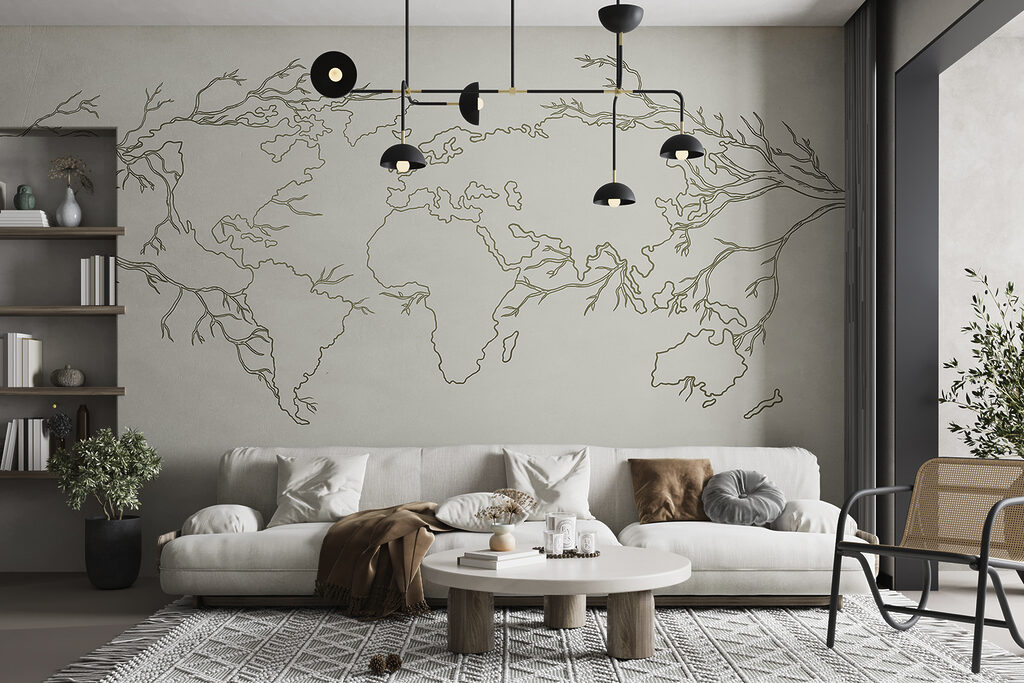 Een kaart van de wereld in een interieur