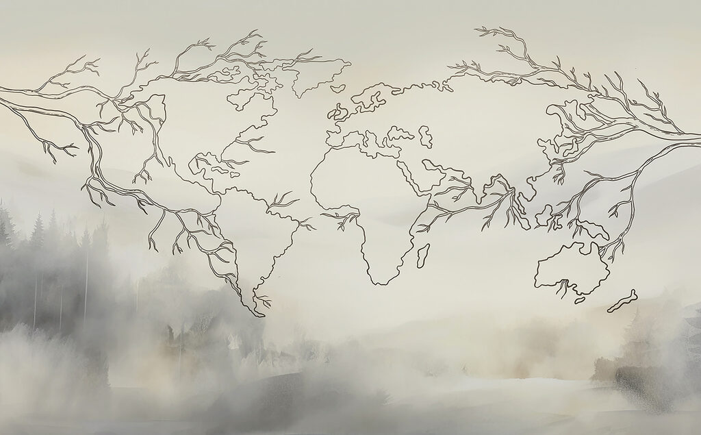 Wereldkaart tussen mistige takken — volledig ontwerp