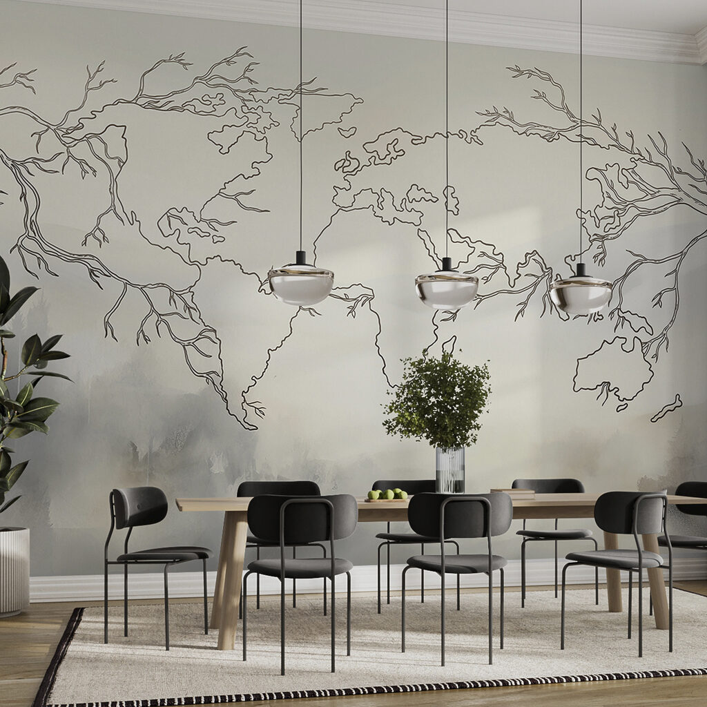 Wereldkaart tussen mistige takken — interieur 1