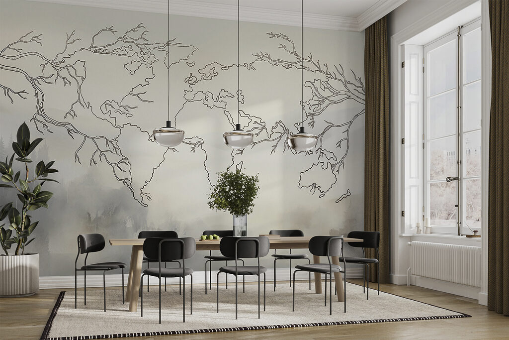 Wereldkaart tussen mistige takken — interieur 2