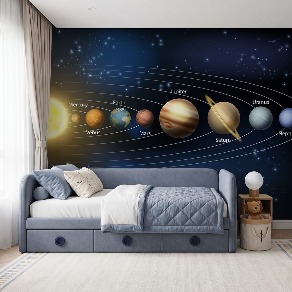 Zonnestelsel met planeten en sterren in een interieur