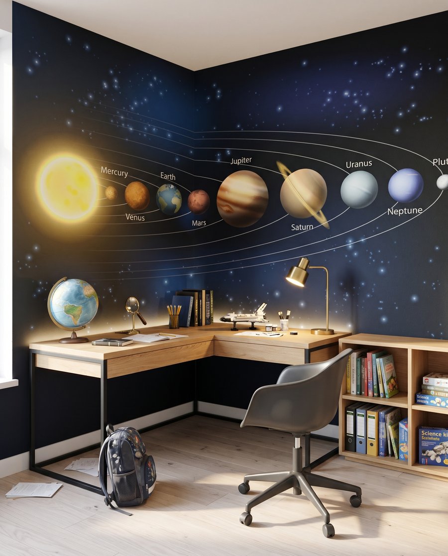 Planeten op hun banen in een interieur