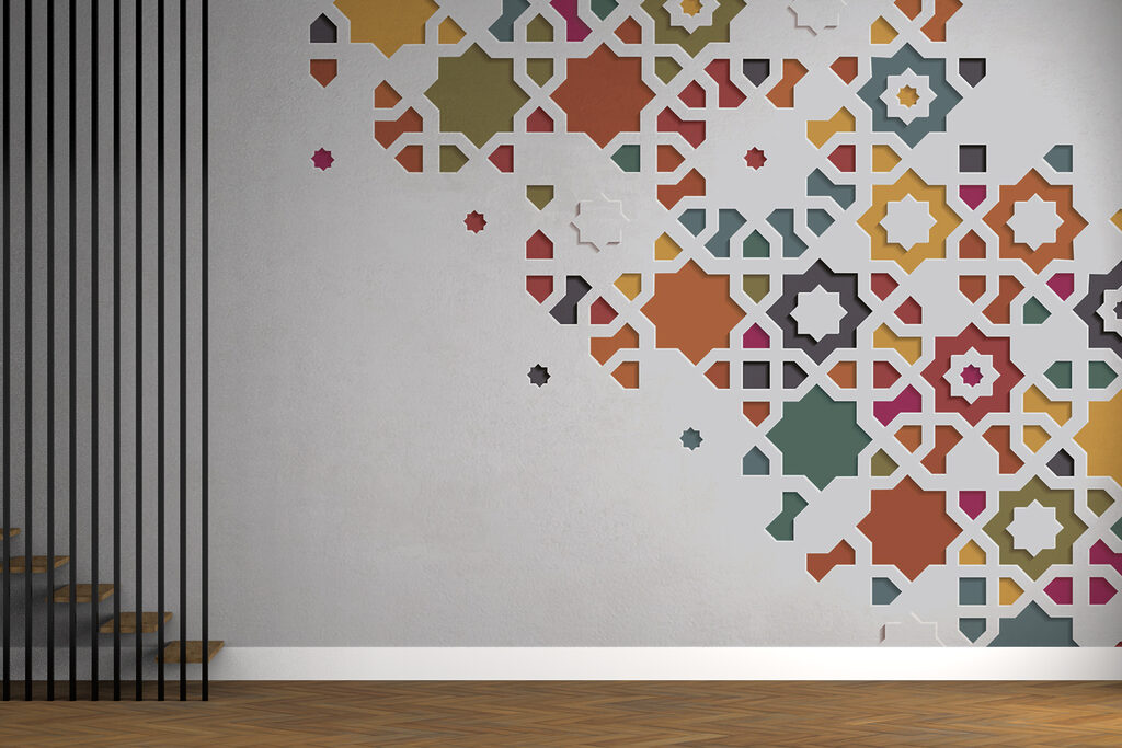 Een witte achtergrond met kleurrijk ontwerp in een interieur