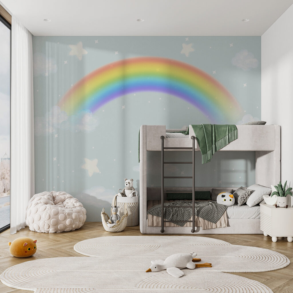 Een regenboog en wolken in de lucht in een interieur