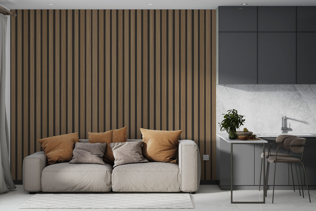 Honingbruine latten met schaduw — interieur 3
