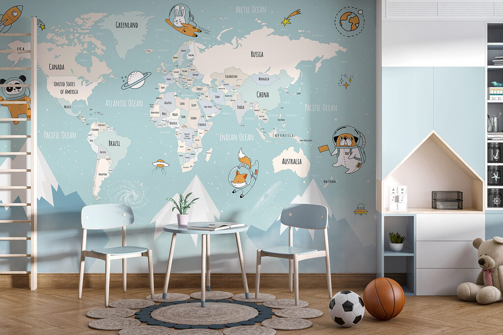 Wereldkaart met kleine ruimtevaarders — interieur 1