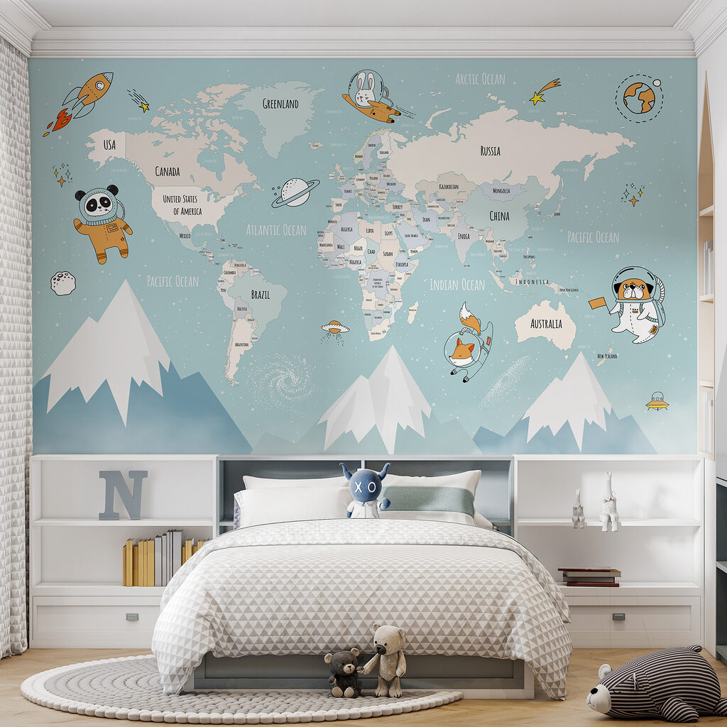 Wereldkaart met kleine ruimtevaarders — interieur 2