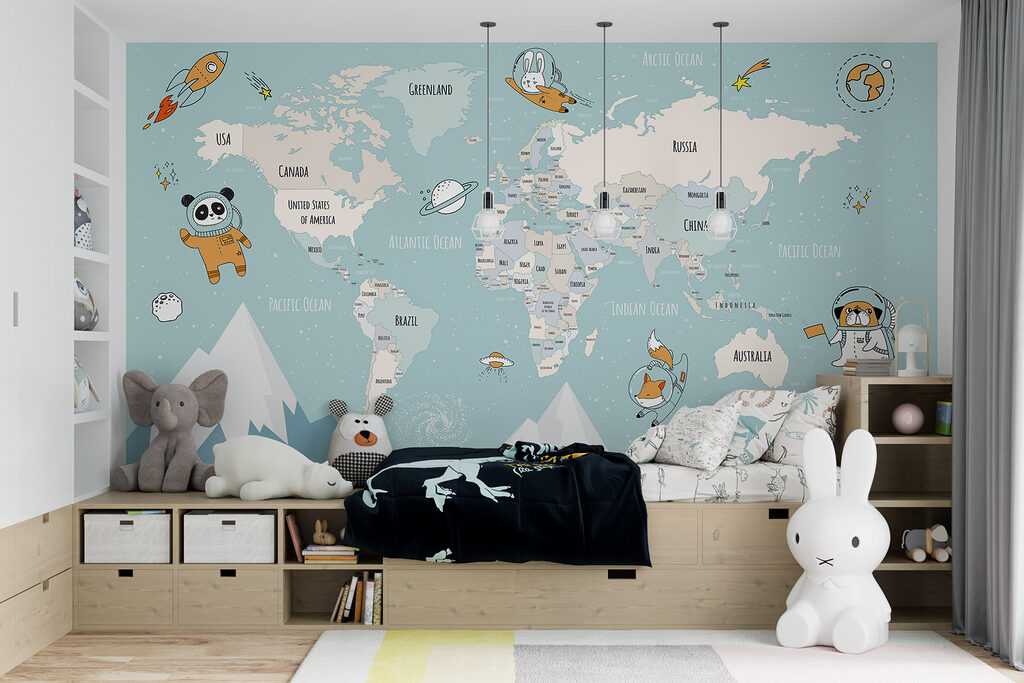 Wereldkaart met kleine ruimtevaarders — interieur 3