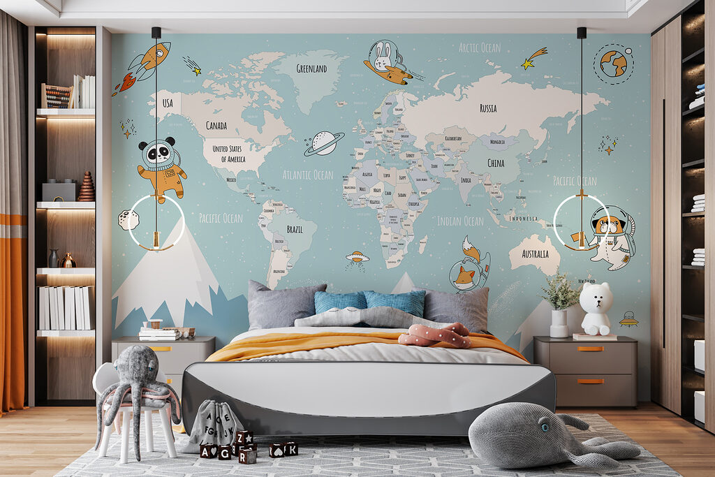 Wereldkaart met kleine ruimtevaarders — interieur 4