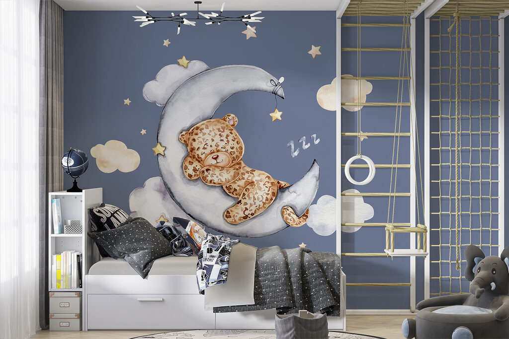 Een teddybeer slaapt op de maan in een interieur