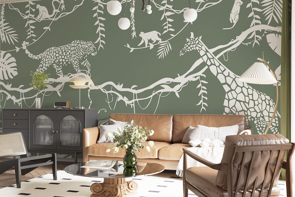 Dieren in een weelderige jungleomgeving in een interieur