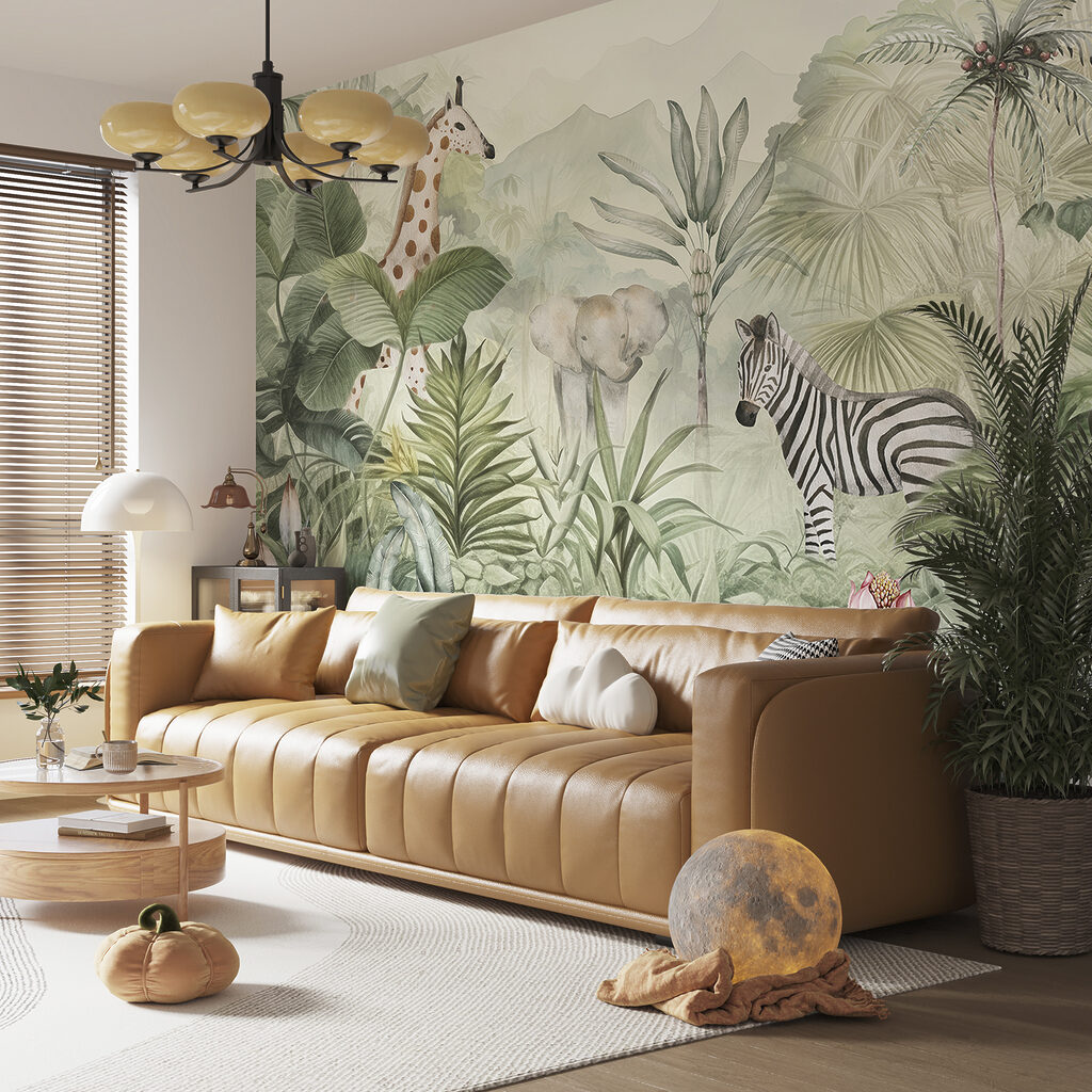Dieren in een weelderige, groene omgeving in een interieur